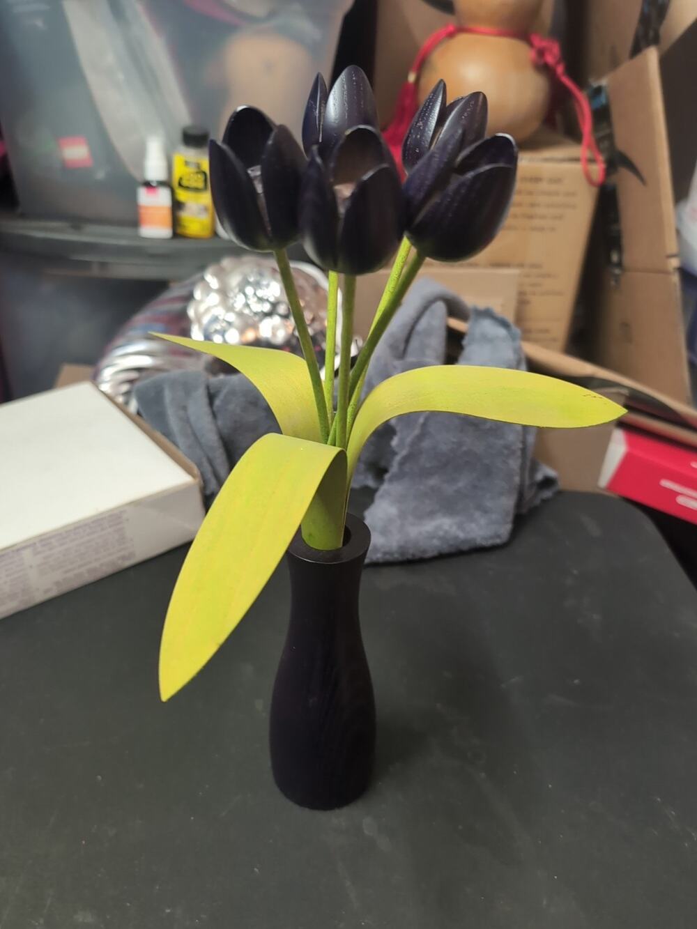 Wooden Flowers Purple Tulips Leaves Vase Handmade By Martin Jones UK Import